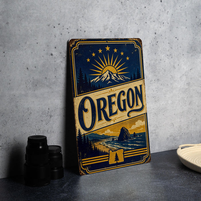 A vintage-style metal sign with the word "Oregon" prominently displayed, featuring a mountain landscape and sun-like symbols.