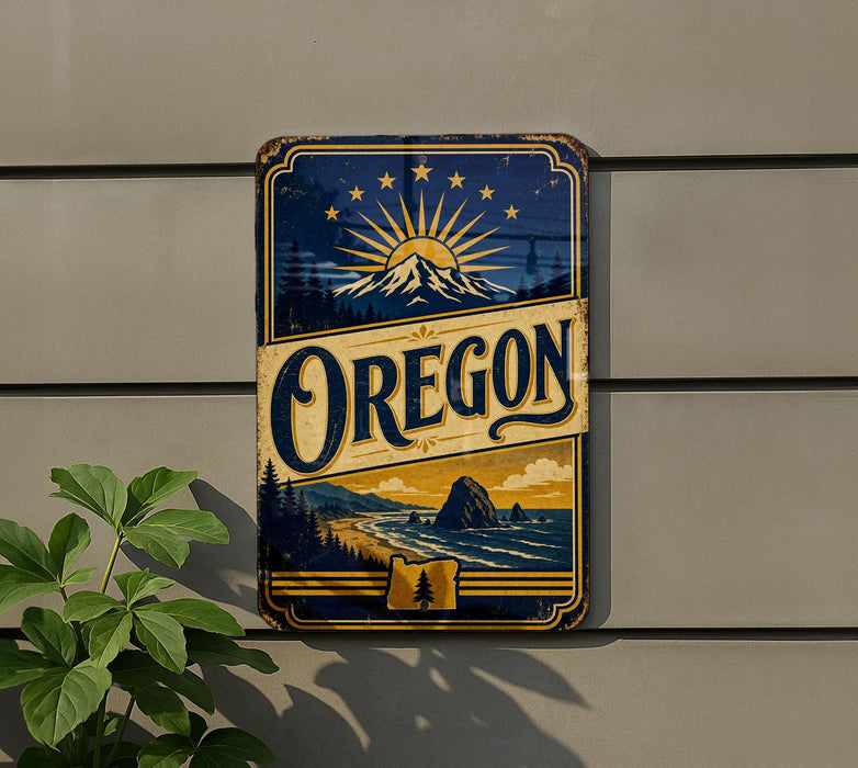 A vintage-style sign for Oregon, featuring a mountain landscape with a sun and stars, is displayed on a wall next to a plant.