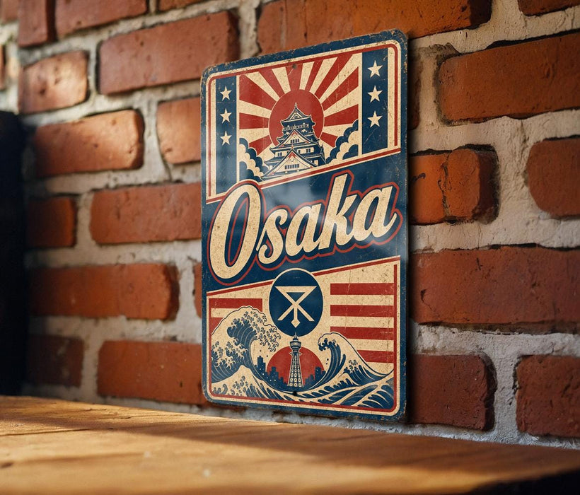 A vintage-style metal sign with the word "Osaka" prominently displayed, featuring a wave and a Japanese temple in the background.