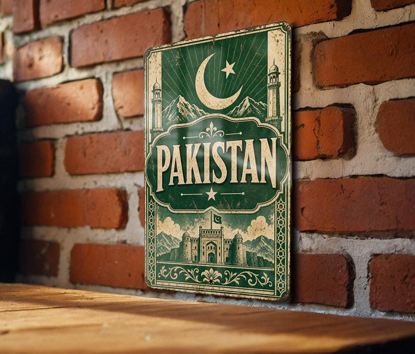 A vintage-style sign with the word "PAKISTAN" prominently displayed, featuring a crescent moon and star symbol, and a castle-like structure in the background.