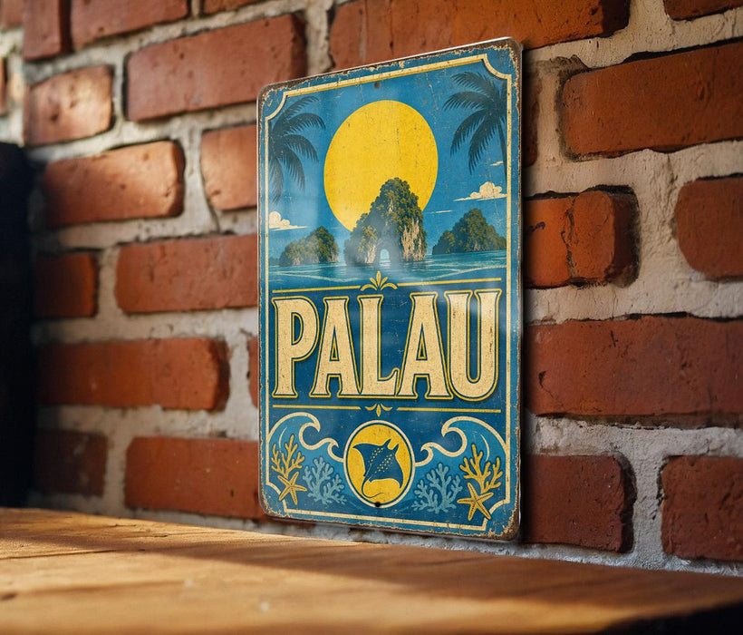 A vintage metal sign with the word "PALAU" displayed prominently, featuring a tropical island landscape with palm trees and a large yellow sun in the sky.
