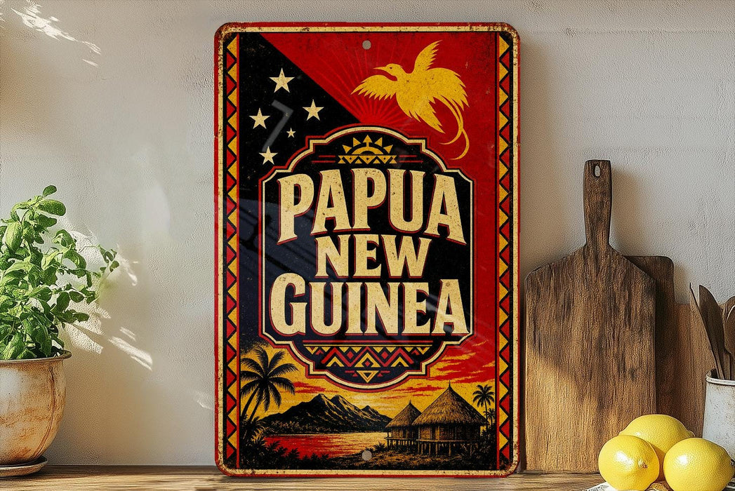 A vintage-style sign with the text "Papua New Guinea" displayed prominently, featuring a tropical landscape with palm trees and mountains.