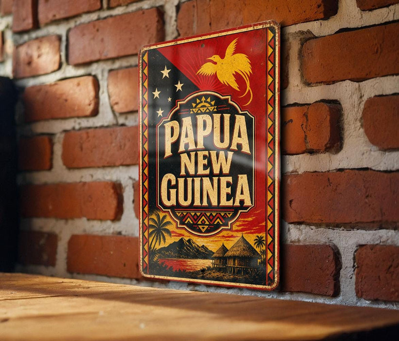 A vintage-style metal sign with the text "PAPUA NEW GUINEA" displayed prominently, featuring a tropical island landscape and a bird in flight.