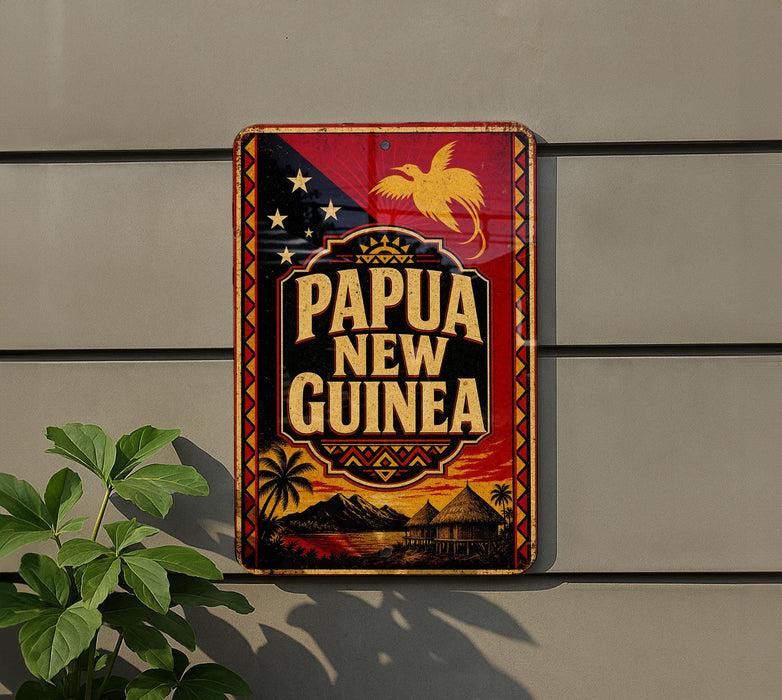 A metal sign with the text "PAPUA NEW GUINNESS" displayed prominently, featuring a bird and tropical landscape.