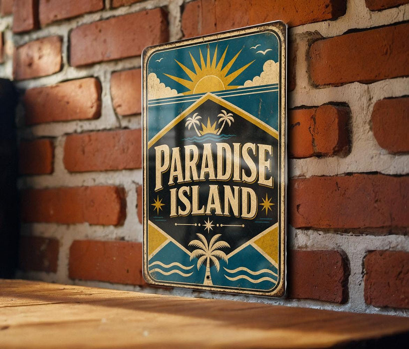 A vintage-style sign for "Paradise Island" is displayed on a brick wall, featuring a sun, palm trees, and a tropical landscape.
