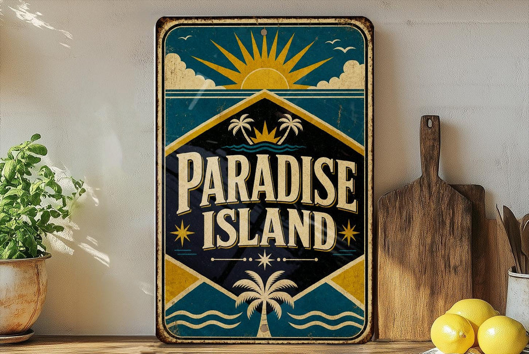 A vintage-style sign for "Paradise Island" is displayed on a shelf, accompanied by a potted plant, a wooden cutting board, and some lemons.