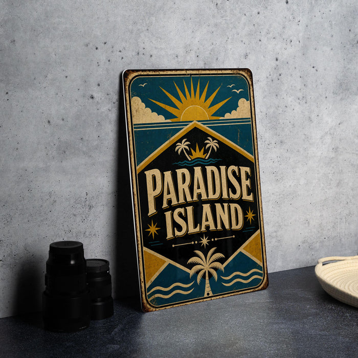 A vintage-style metal sign with the text "PARADISE ISLAND" is displayed on a gray countertop, accompanied by a stack of black camera lenses and a white dish.