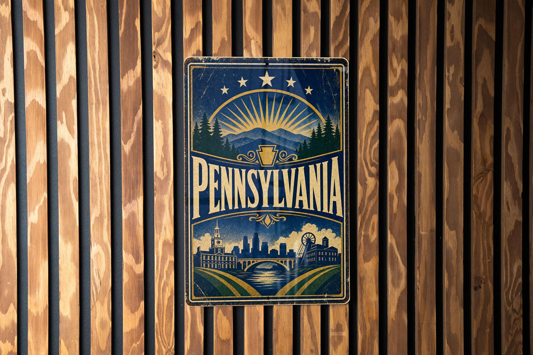 A vintage-style metal sign with the word "PENNSYLVANIA" prominently displayed, featuring a scenic illustration of the state's landscape and architecture.
