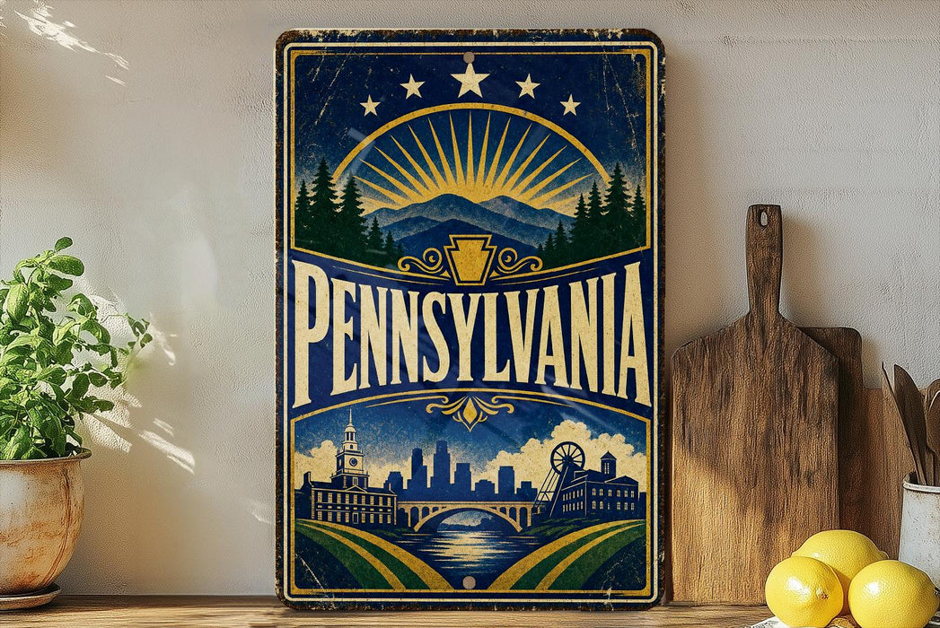 A vintage-style sign for Pennsylvania featuring a sunburst design, mountains, and a city skyline.