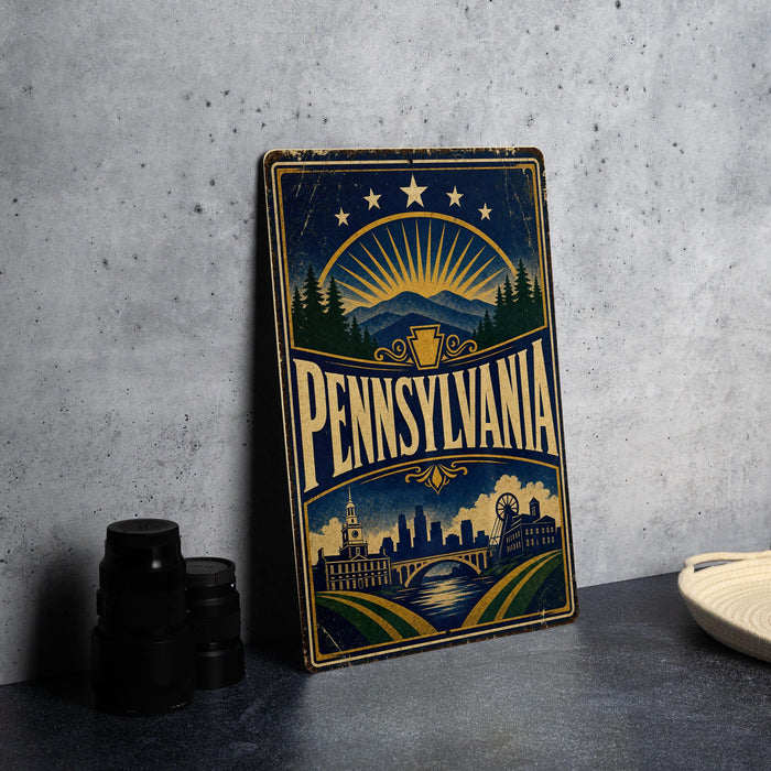 A vintage-style metal sign with the word "PENNSYLVANIA" prominently displayed, featuring a scenic illustration of the state's landscape and architecture.