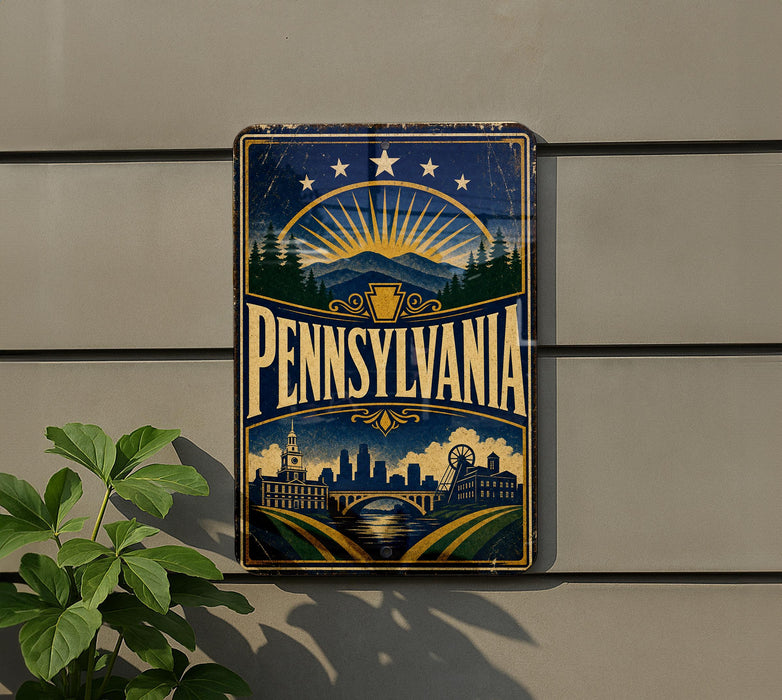 A vintage-style sign for Pennsylvania, featuring a sunburst design with mountains, trees, and a city skyline.