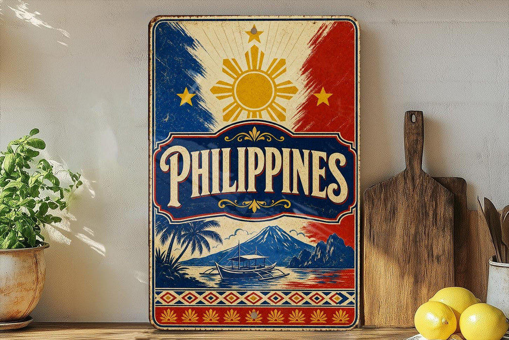 A vintage-style sign with the word "PHILIPPINES" prominently displayed, featuring a sun and palm trees, along with a wooden paddle and a potted plant.