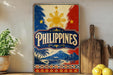 A vintage-style sign with the word "PHILIPPINES" prominently displayed, featuring a sun and palm trees, along with a wooden paddle and a potted plant.