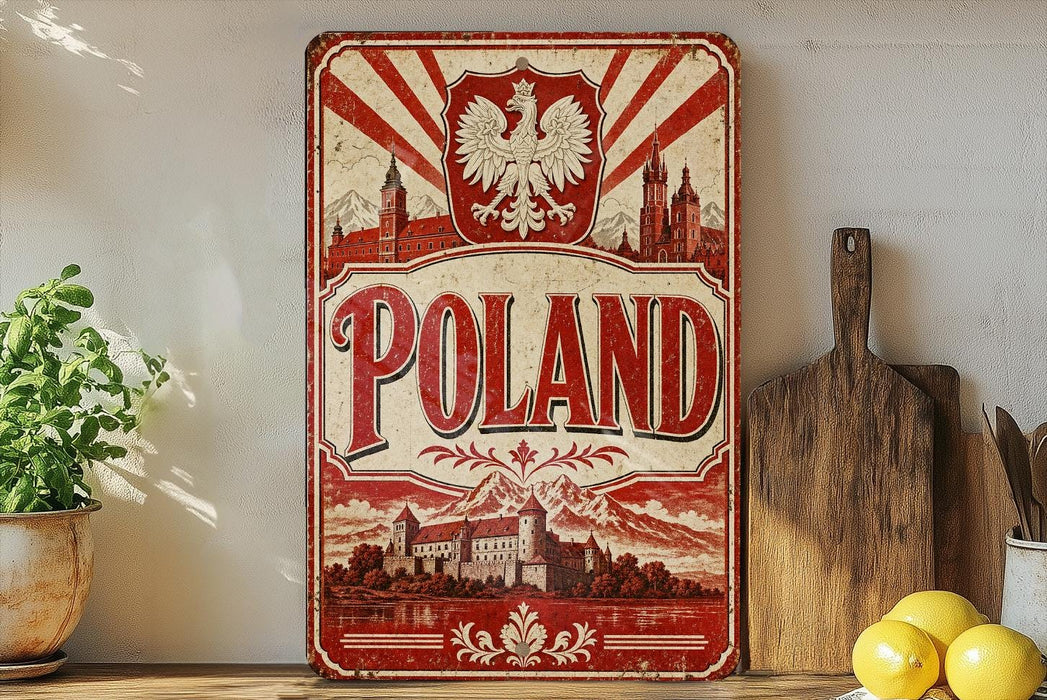 a vintage-style metal sign with the word "POLAND" prominently displayed, surrounded by a red and white design with a castle and mountains. The sign is placed on a wooden surface, with a potted plant, a wooden cutting board, and some lemons nearby.