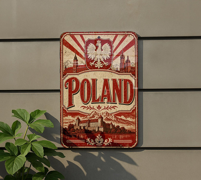 A vintage-style metal sign with the word "POLAND" prominently displayed, featuring a red and white color scheme and a depiction of Polish architecture and landmarks.