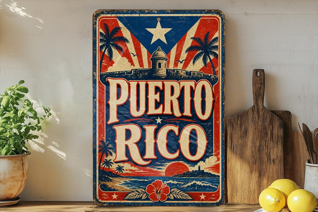 A vintage-style sign with the text "PUERTO RICO" displayed prominently, featuring a red, white, and blue color scheme with a depiction of a fort and palm trees. The sign is placed on a shelf next to a wooden cutting board and a potted plant.