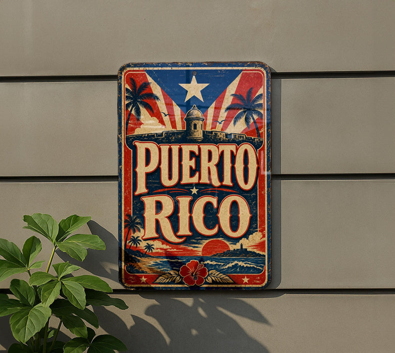 A vintage-style sign with the text "PUERTO RICO" displayed prominently, featuring a red, white, and blue color scheme with a palm tree and a lighthouse.