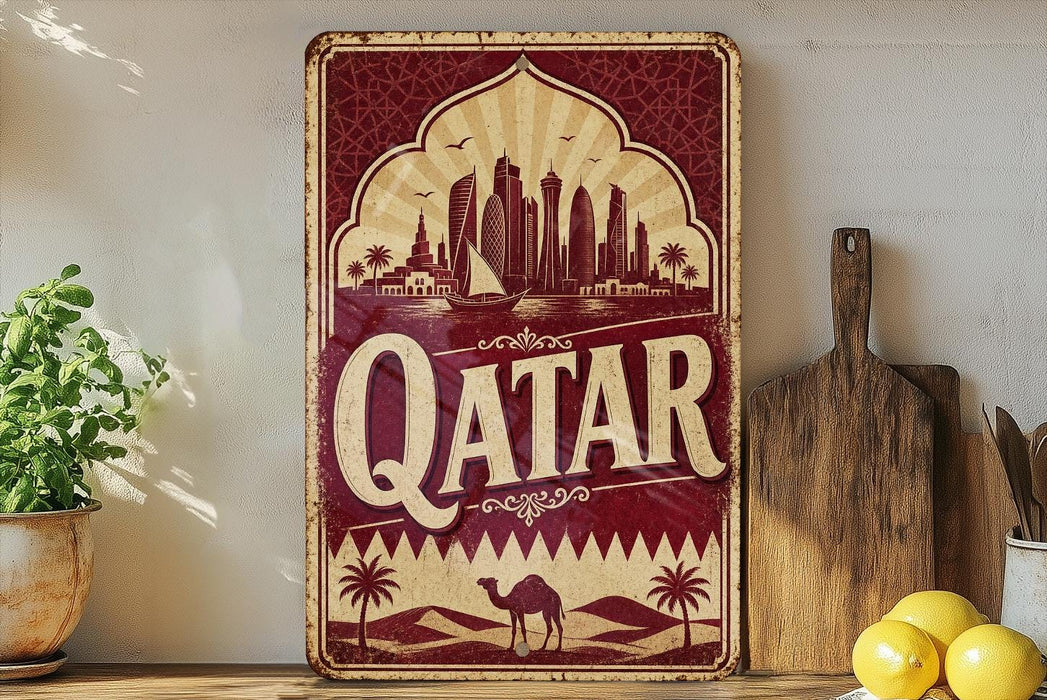 a vintage-style metal sign with the word "Qatar" prominently displayed, along with a desert landscape and a camel. The sign is placed on a shelf next to a wooden cutting board and a potted plant.