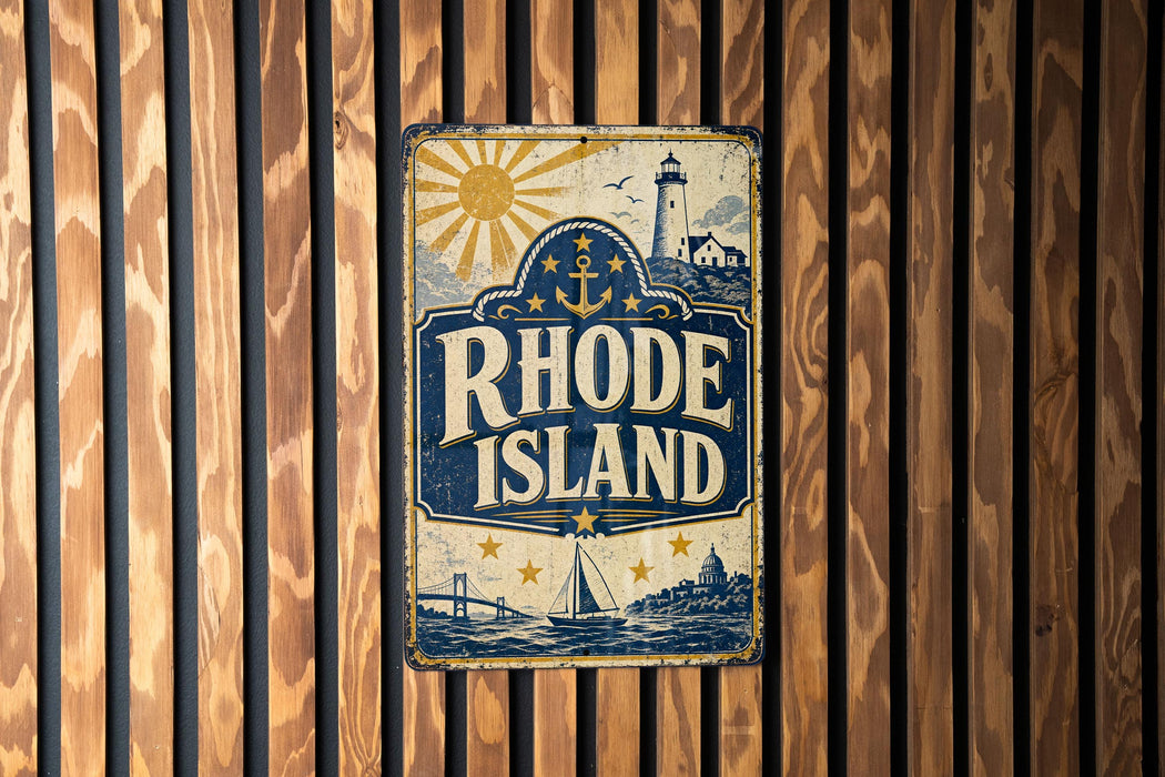 A vintage-style metal sign with the text "RHODE ISLAND" and a lighthouse illustration is displayed on a wooden wall.