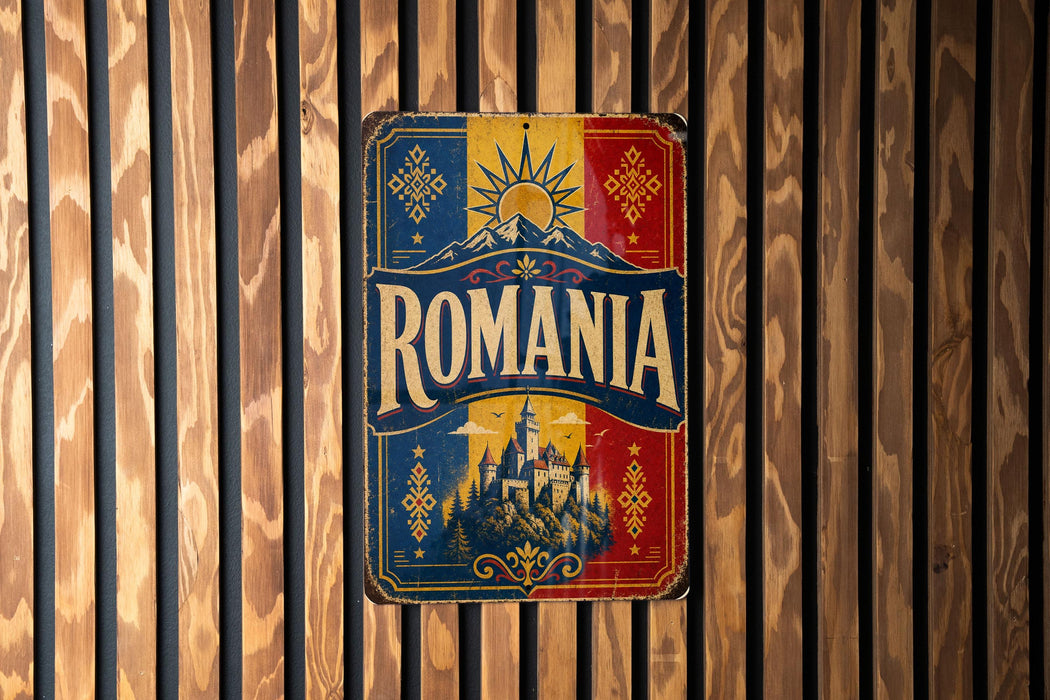 a vintage-style metal sign with the word "ROMANIA" prominently displayed in the center.