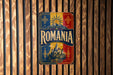 a vintage-style metal sign with the word "ROMANIA" prominently displayed in the center.