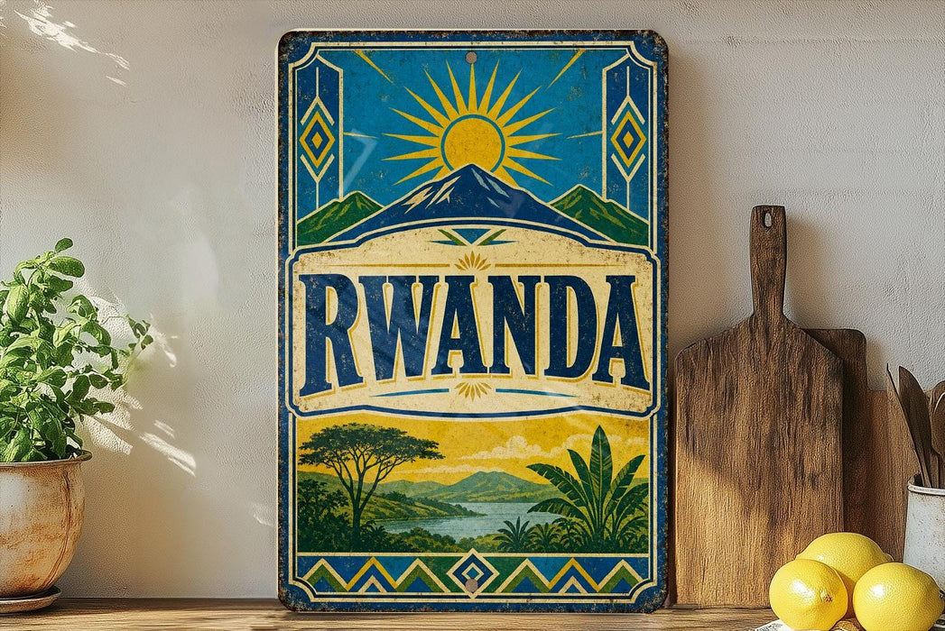 a vintage-style sign with the word "RWANDA" prominently displayed, surrounded by a tropical landscape with palm trees and mountains.