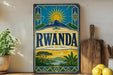 a vintage-style sign with the word "RWANDA" prominently displayed, surrounded by a tropical landscape with palm trees and mountains.