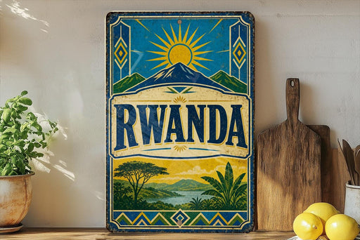 a vintage-style sign with the word "RWANDA" prominently displayed, surrounded by a tropical landscape with palm trees and mountains.