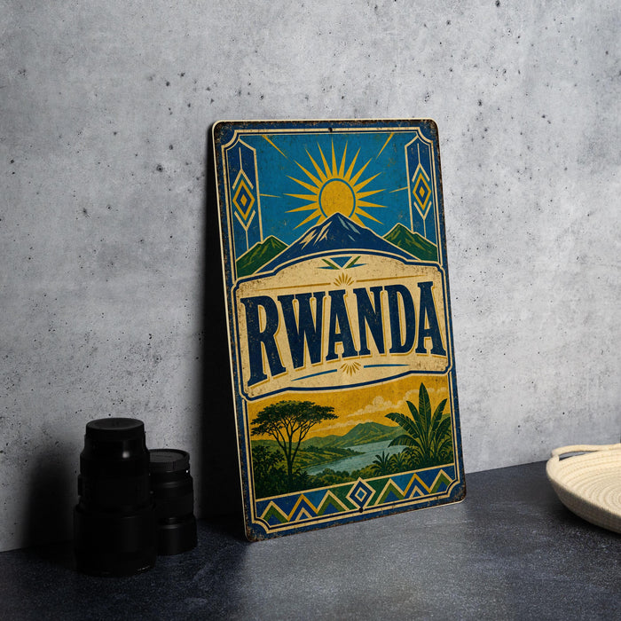 A vintage-style metal sign with the word "Rwanda" prominently displayed, featuring a sun and mountain landscape design.