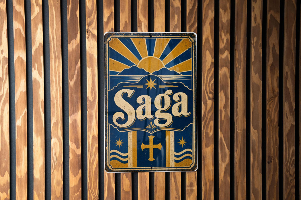 A vintage-style sign with the word "Saga" displayed prominently in the center, surrounded by a sunburst design and a cross.