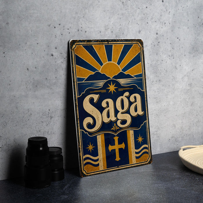 A vintage-style metal sign with the word "Saga" prominently displayed, featuring a sun and mountain design.