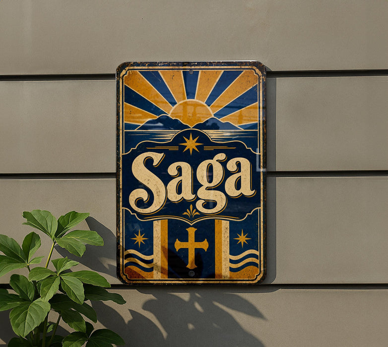 a vintage-style sign with the word "Saga" prominently displayed, along with a sun and mountain motif.