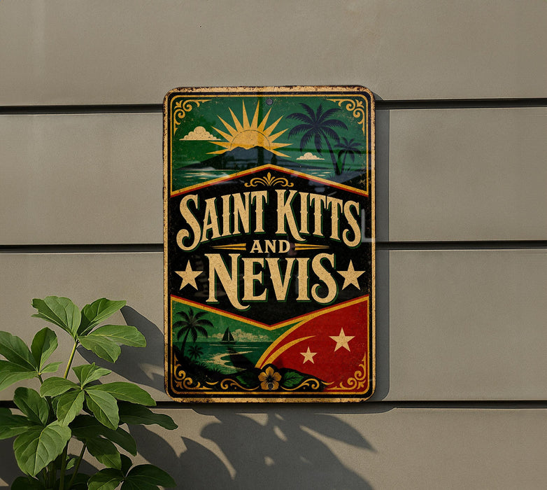 A vintage-style sign for Saint Krits and Nevis, featuring a tropical landscape with palm trees, a sun, and stars.