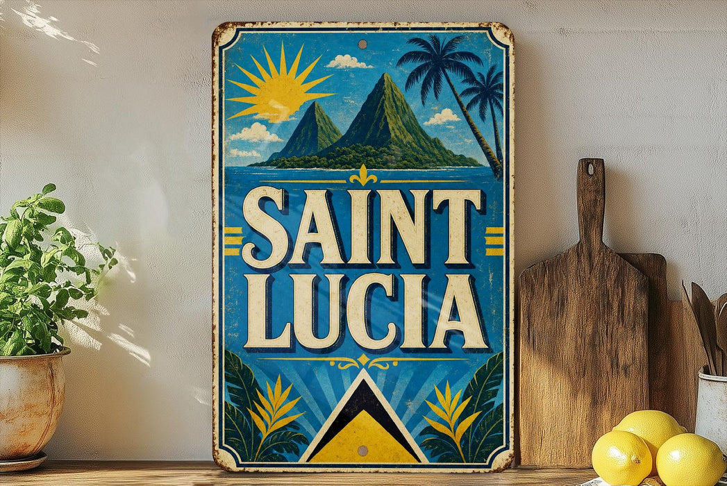 A vintage-style sign for Saint Lucia, featuring a tropical island landscape with palm trees and a sun in the sky.