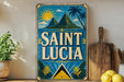 A vintage-style sign for Saint Lucia, featuring a tropical island landscape with palm trees and a sun in the sky.