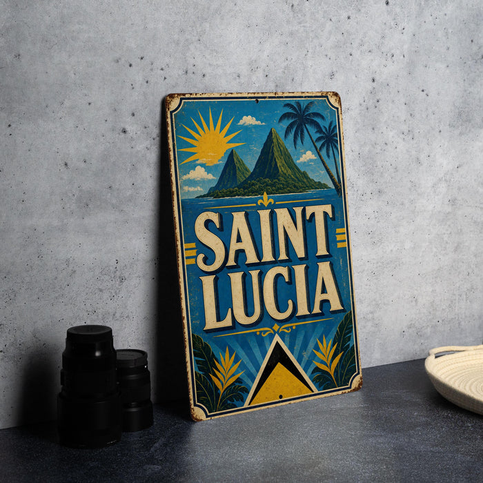A vintage-style sign for Saint Lucia, featuring a tropical landscape with palm trees, mountains, and a sun.