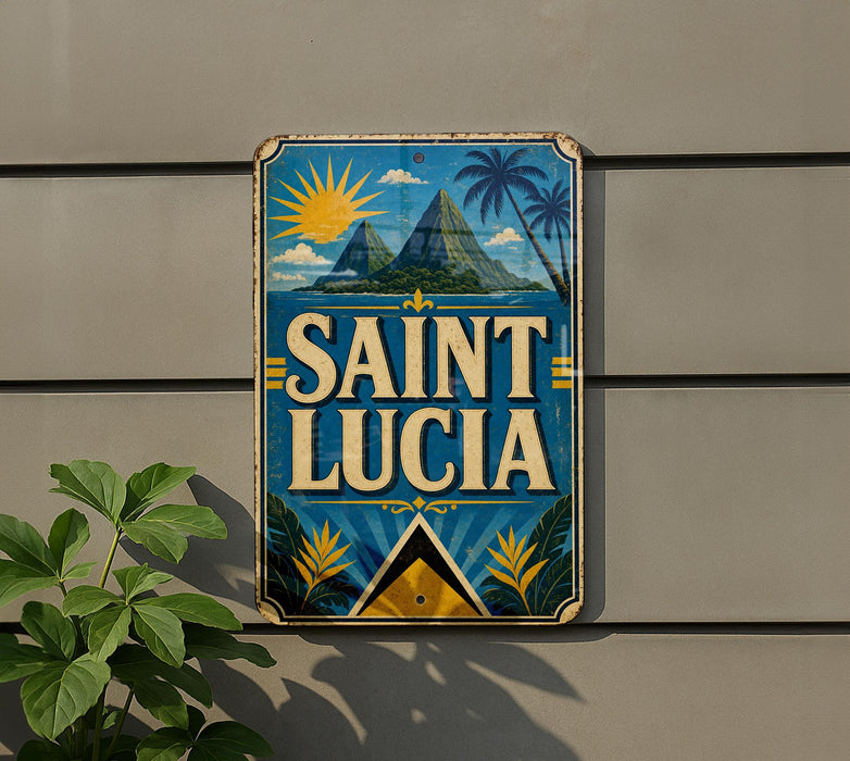 A vintage-style sign with the text "SAINT LUCIA" displayed prominently, featuring a tropical landscape with palm trees, mountains, and a sun.