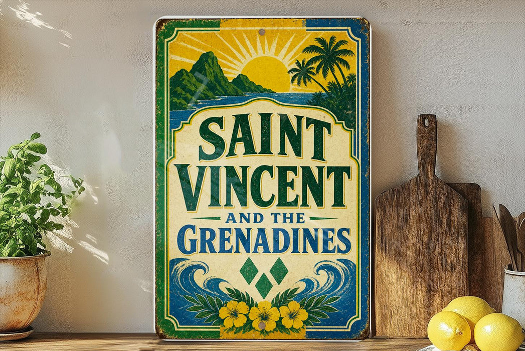A vintage-style sign for Saint Vincent and the Grenadines, featuring a tropical landscape with palm trees and a sun. The sign is displayed on a shelf next to a wooden cutting board and a potted plant.