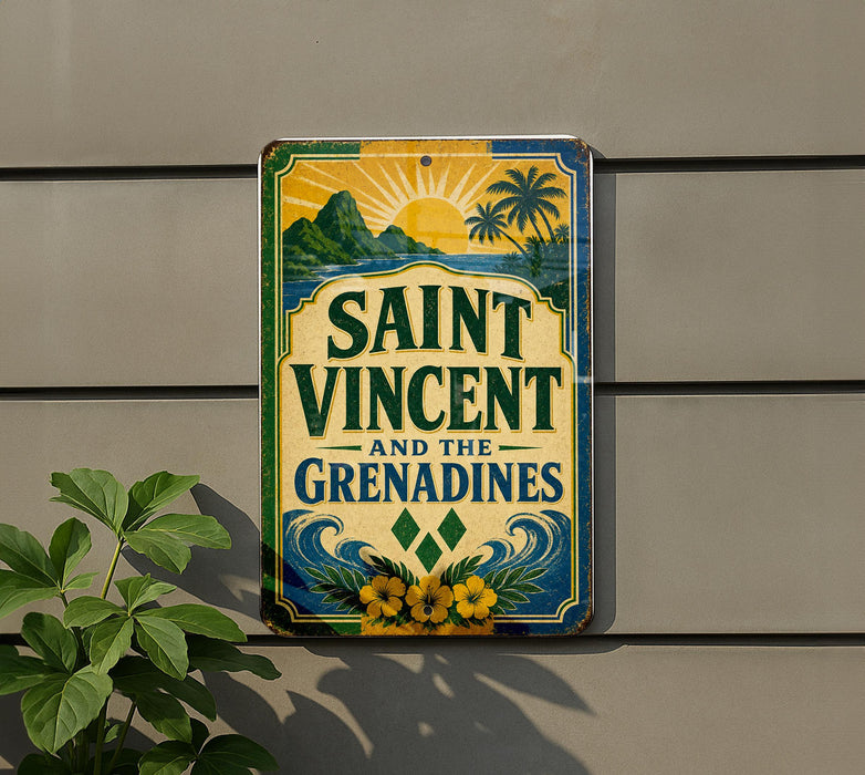 A vintage-style sign for Saint Vincent and the Grenadines, featuring a tropical landscape with palm trees and a sun.