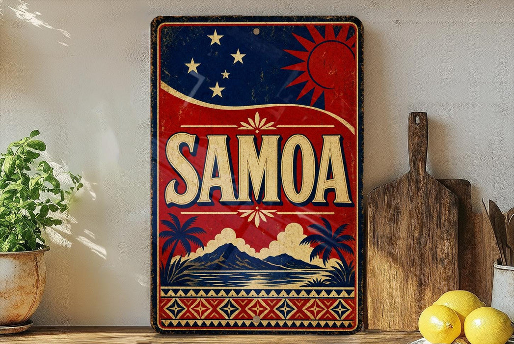 a vintage-style sign with the word "SAMOA" prominently displayed, surrounded by a tropical landscape with palm trees and mountains. The sign is placed on a shelf next to a wooden cutting board and a potted plant, creating a visually appealing and decorative display.