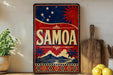 a vintage-style sign with the word "SAMOA" prominently displayed, surrounded by a tropical landscape with palm trees and mountains. The sign is placed on a shelf next to a wooden cutting board and a potted plant, creating a visually appealing and decorative display.