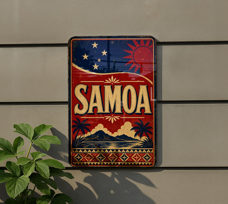 a vintage-style sign with the word "SAMOA" prominently displayed, along with a red, white, and blue color scheme and a tropical landscape design.