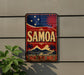 a vintage-style sign with the word "SAMOA" prominently displayed, along with a red, white, and blue color scheme and a tropical landscape design.