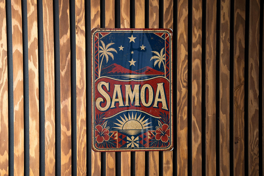 A vintage-style sign with the word "SAMOA" prominently displayed, featuring a tropical landscape with palm trees, mountains, and a sun.