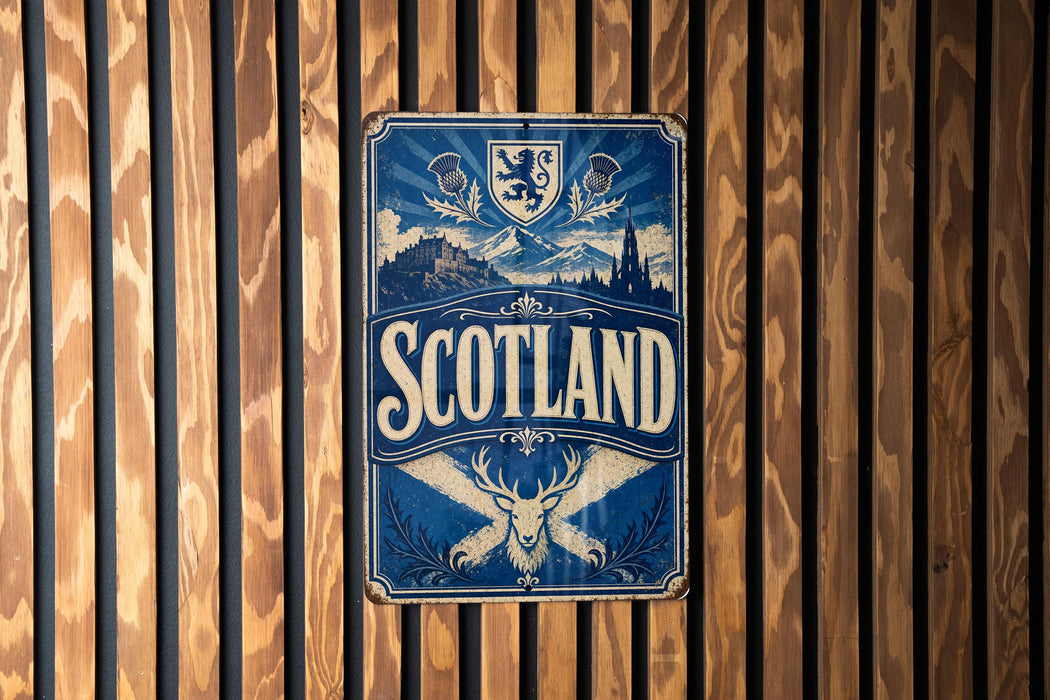 A metal sign with the word "SCOTLAND" prominently displayed, featuring a shield and a deer head, is mounted on a wooden wall.