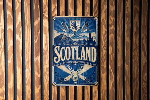 A metal sign with the word "SCOTLAND" prominently displayed, featuring a shield and a deer head, is mounted on a wooden wall.