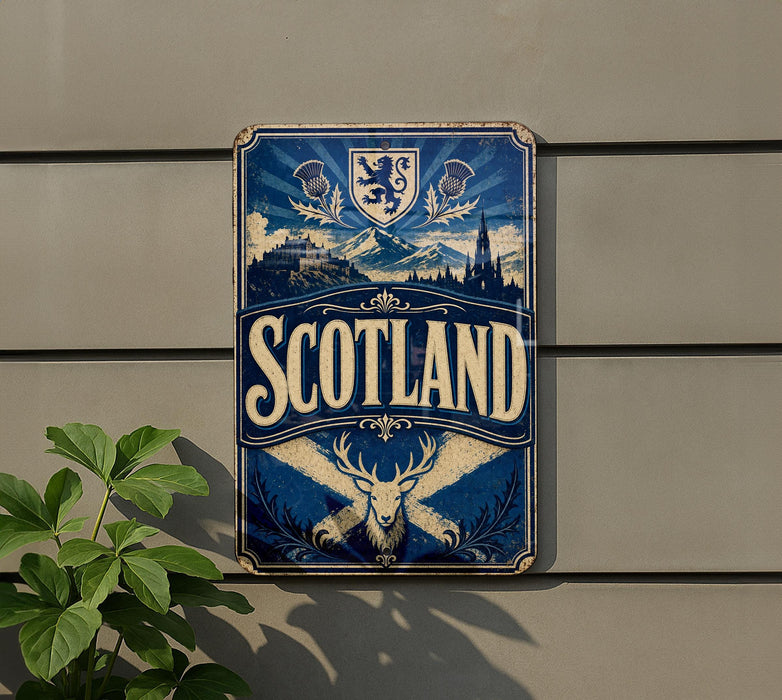 A metal sign with the word "SCOTLAND" prominently displayed, featuring a shield, a lion, and a deer. The sign is mounted on a wall, and there is a plant to the left of the sign.