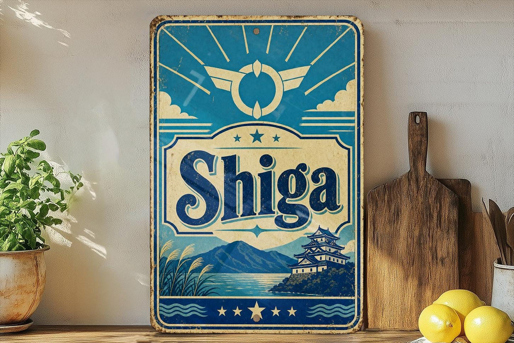 a vintage Shiga sign with a blue and white color scheme, depicting a scenic landscape with mountains and a temple. The sign is placed on a shelf next to a wooden cutting board and a potted plant.