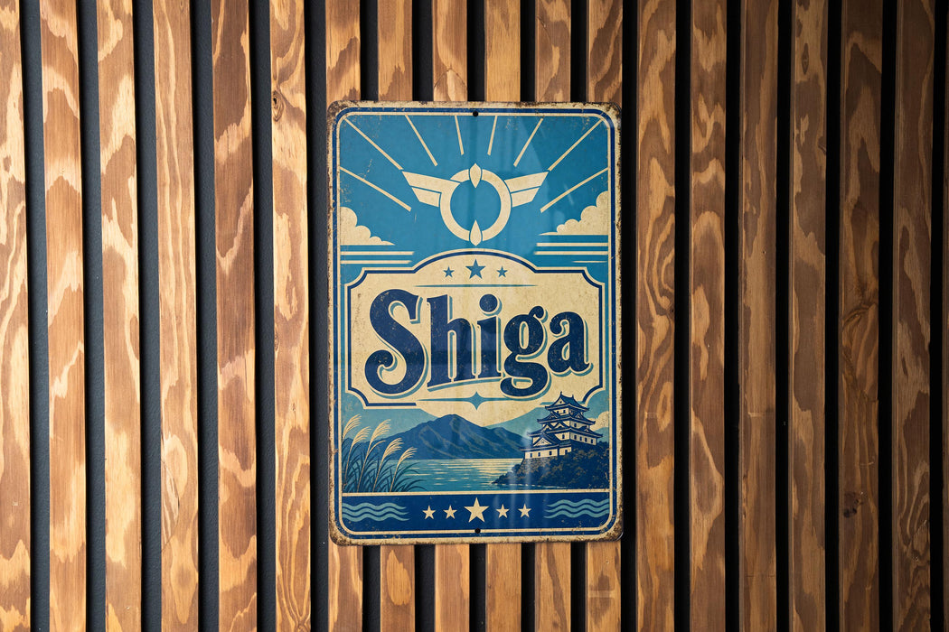 A vintage-style sign with the word "Shiga" prominently displayed, featuring a castle and mountains in the background.