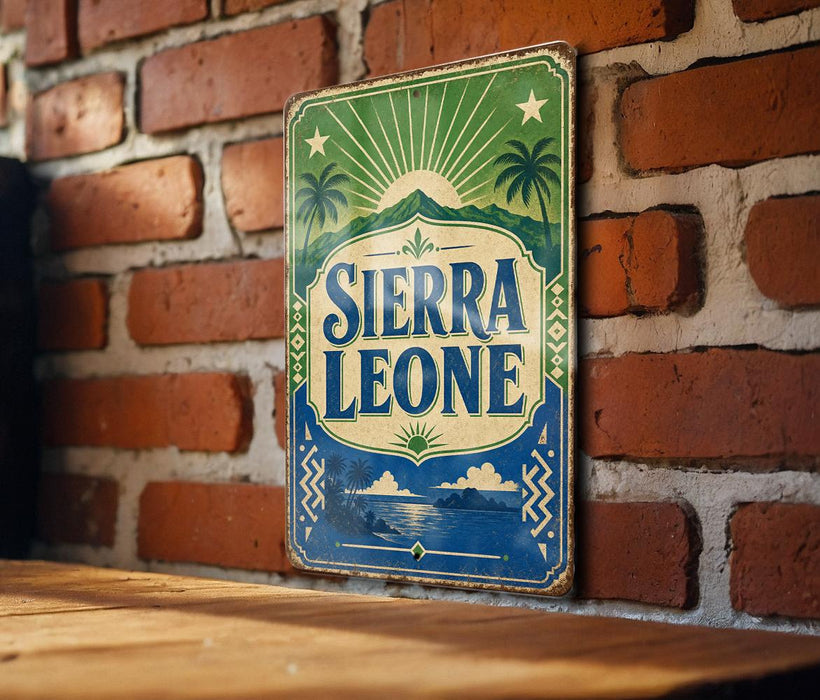 A vintage-style sign for Sierra Leone is displayed on a brick wall.